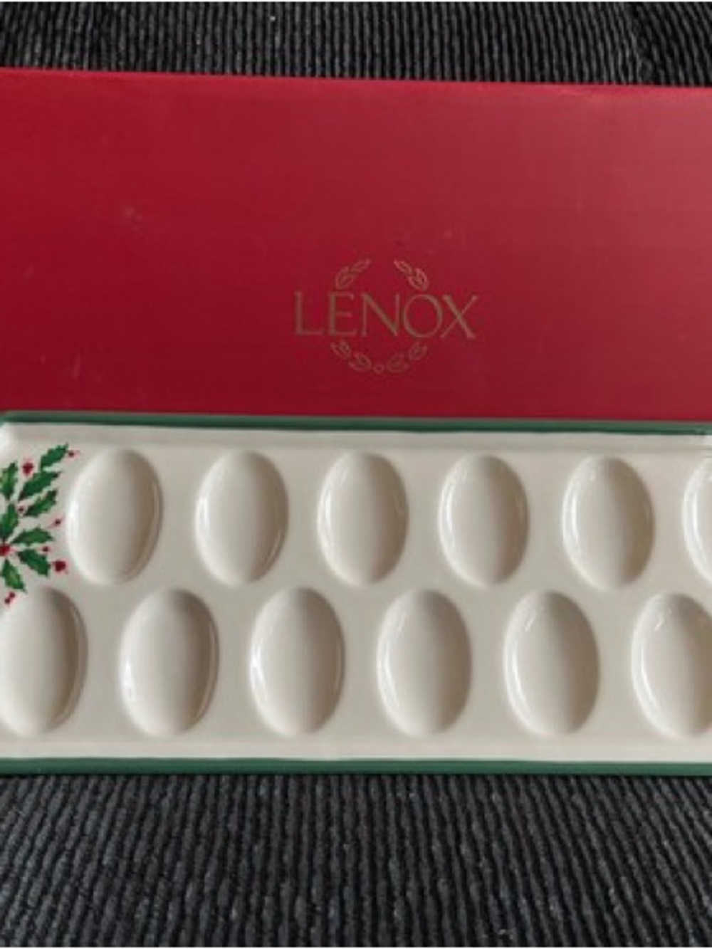 Lenox Cream Egg Tray with Green Holly and Red Berry Accents